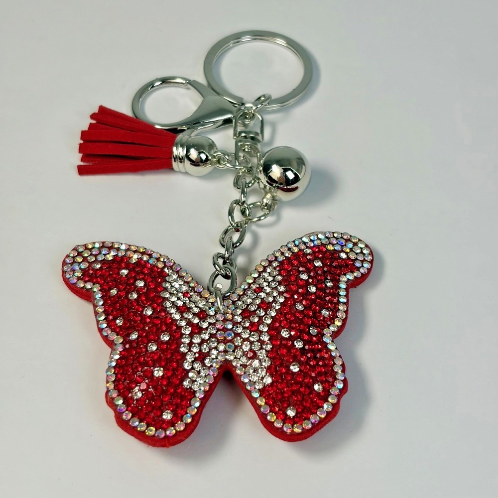 Boutique Red Crystal Butterfly Bag Charm Keychain Y2K Sparkly‎ Suede Tassel 6"